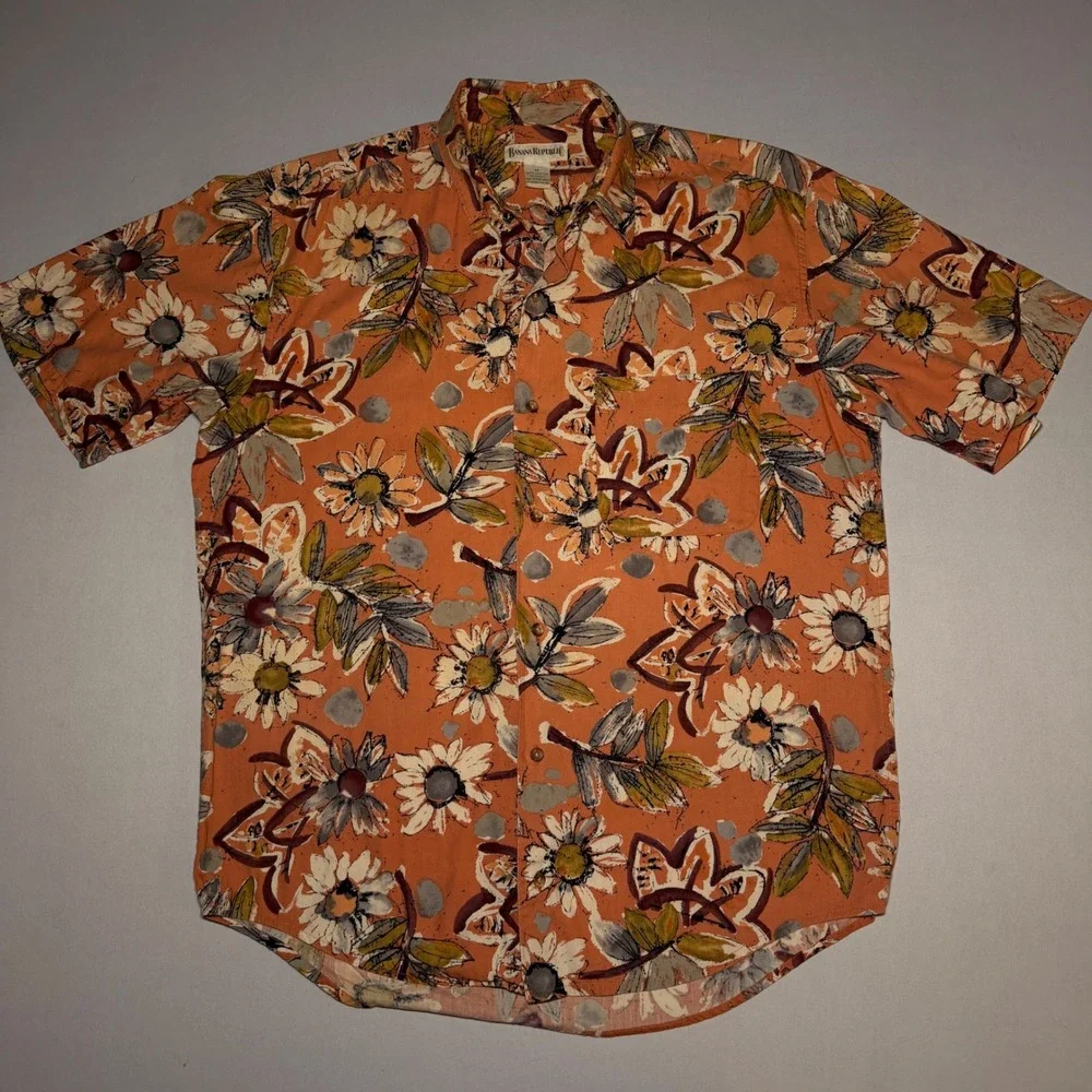 VTG Banana Republic Hawaiian Shirt Mens M Peach Cotton Tropic Daisy Miami Pastel